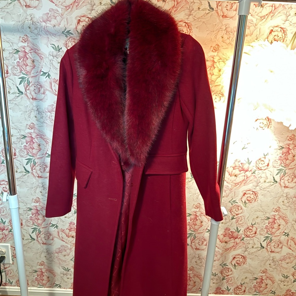 Michael Kors Red Trench Coat with Fur Collar